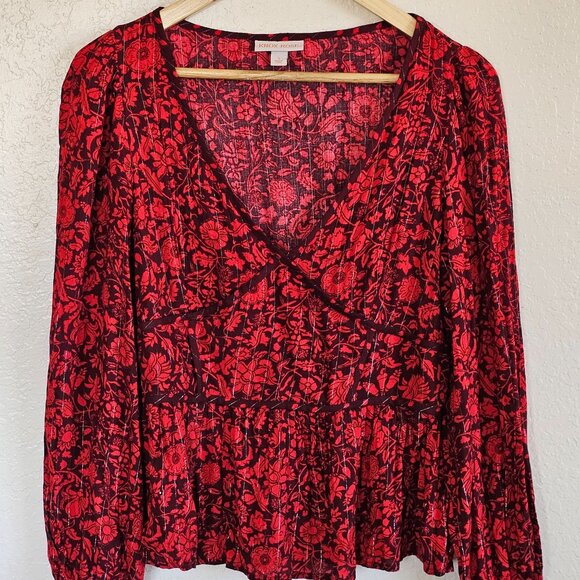 Knox Rose Women’s Red Floral Peplum Long Slv V-Neck Size S Boho Babydoll Flowy - Picture 3 of 7